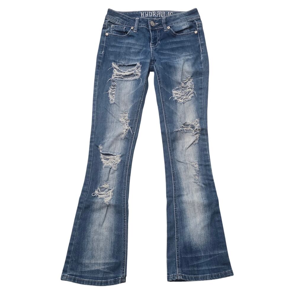 Hydraulic Dark Washed Bailey Slim Boot Distressed Blue Jeans